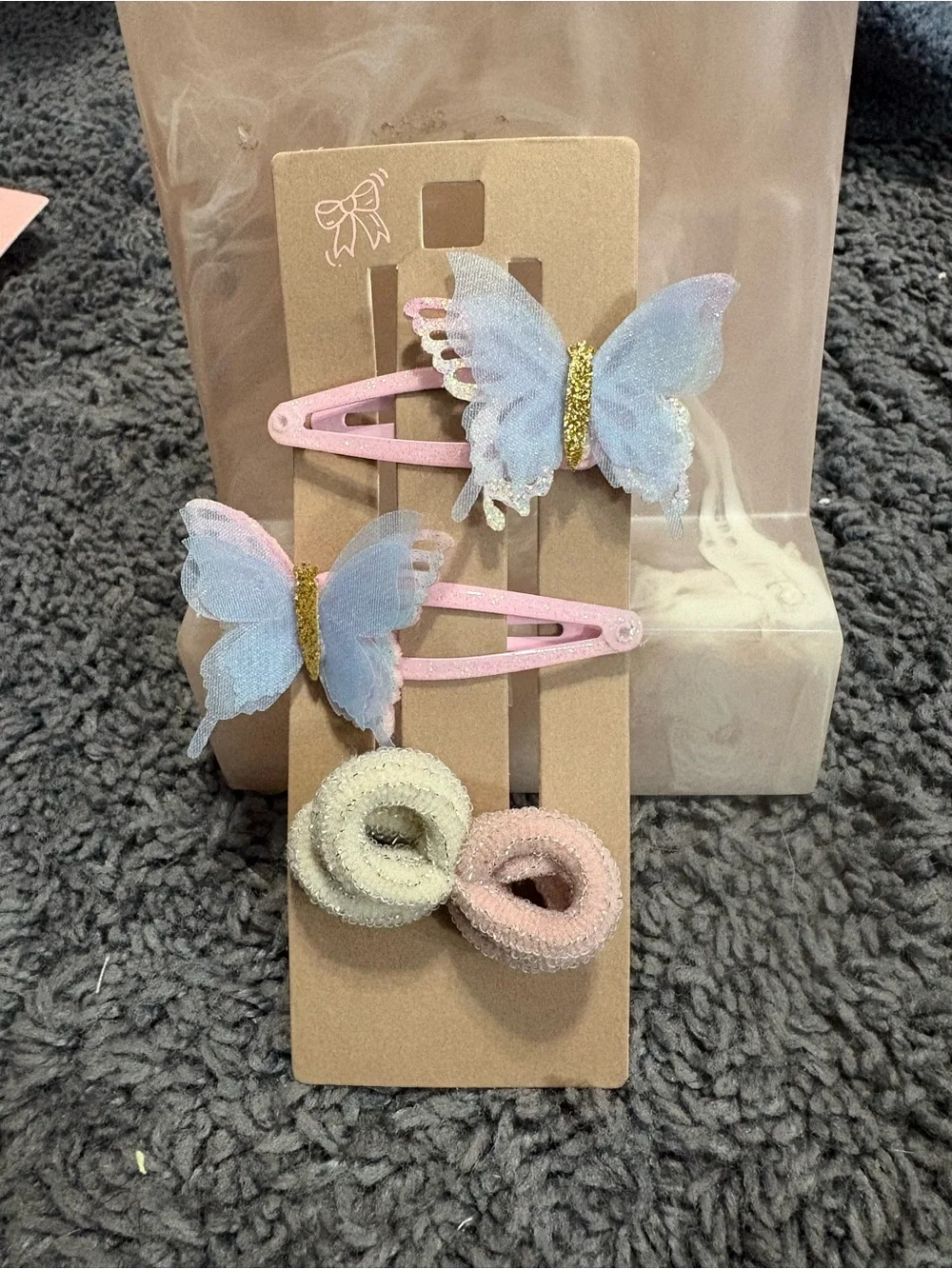 NWT 2 butterfly hair barrettes, and 4 tiny hair ties